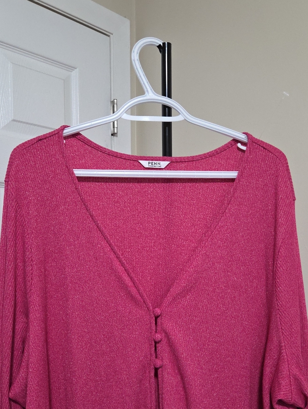 Penningtons Plus Size Raspberry Pink V-Neck Button Front Long Sleeve Casual Top - Picture 3 of 8